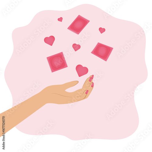 A woman's hand throws condoms and pink hearts into the air, vector, condom packaging, on a white background