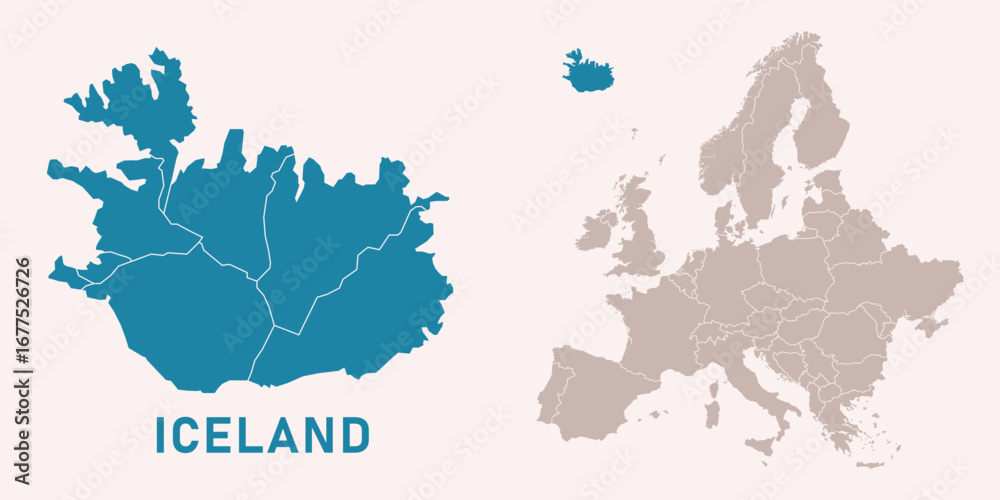 Obraz premium Map of Iceland with administrative divisions and highlighted position on Europe map. Isolated on white background. Vector illustration.