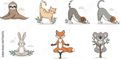 Cute cartoon animals doing yoga poses and meditation, wellness and fitness for kids, mindfulness, calm exercise concept – flat vector illustration