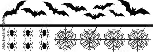 Halloween silhouette with flying bats, spiders, and hanging webs, black vector design for spooky decoration, themes, and seasonal graphics