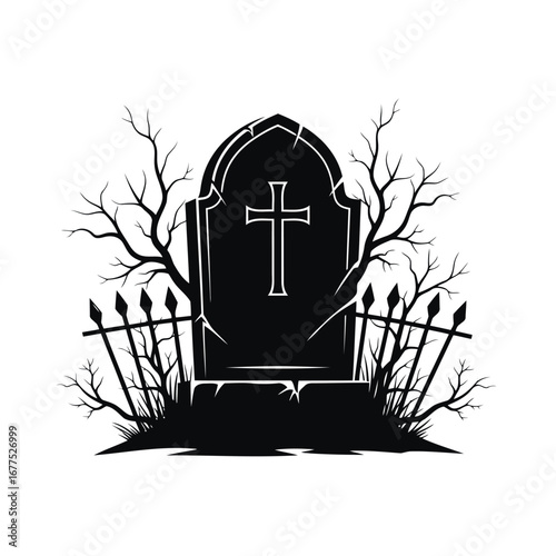 Silhouette illustration of a gothic tombstone with a cross, surrounded by bare trees and a broken fence, evoking a spooky cemetery scene.