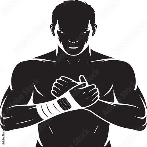 Silhouette of a muscular man with bandaged wrist in a fighting pose against a white background