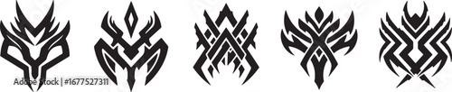 Collection of five unique abstract tribal-style symmetrical decorative design elements, ideal for modern branding, tattoo art, or various artistic projects requiring powerful visual impact