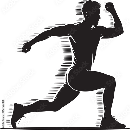 Silhouette of a man in running pose with arm raised and leg forward on a white background design art