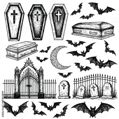 A collection of hand-drawn gothic horror elements including coffins, bats, a cemetery gate, and tombstones.
