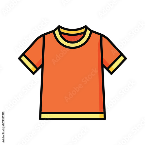 A simple, flat illustration of a short-sleeved orange t-shirt with yellow trim around the collar and sleeves.