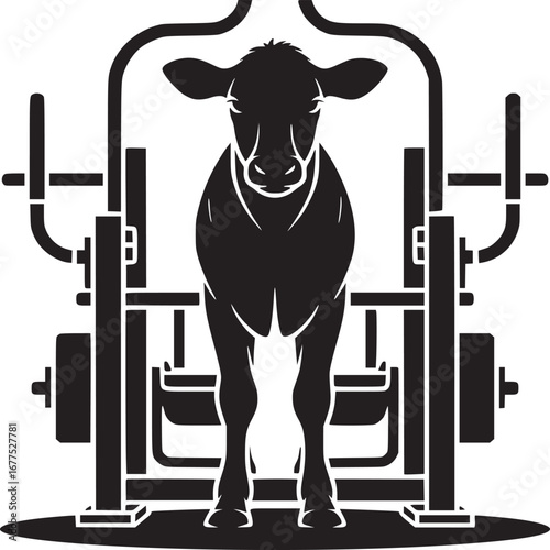A black and white silhouette of a cow standing in front of a weight lifting machine at the gym area