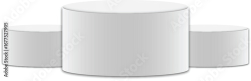 Three white cylindrical pedestals on a white background