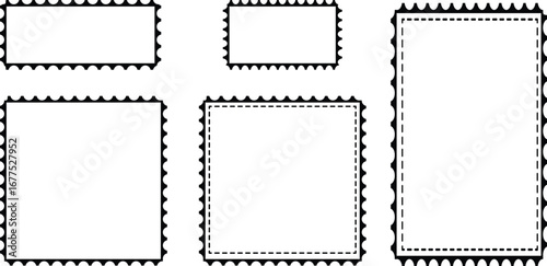 Collection of blank postage stamp frames with perforated edges
