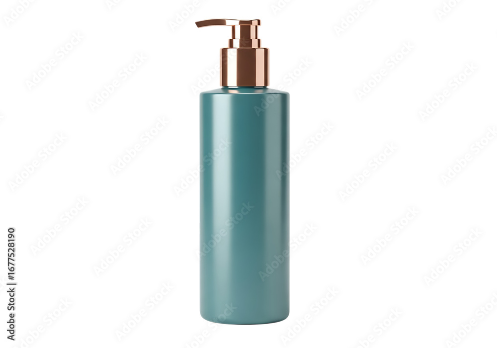 Obraz premium Teal soap dispenser with bronze pump isolated on transparent background