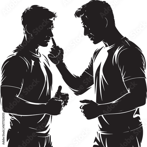 Silhouette of two men in t shirts one pointing at the other's nose with a white background art