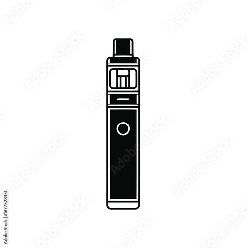 A simple black and white vector icon of a modern electronic cigarette, also known as a vape pen, on a white background.