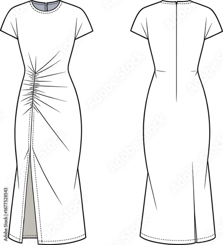 Ruched midi dress, short sleeves, fashion flat sketch, CAD garment drawing, technical vector illustration, front and back view, slit detail