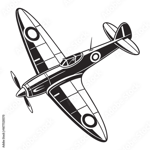 Vintage Fighter Aircraft Silhouette Vector with Propeller Motion and WWII Style for Aviation History or Emblem Design Use