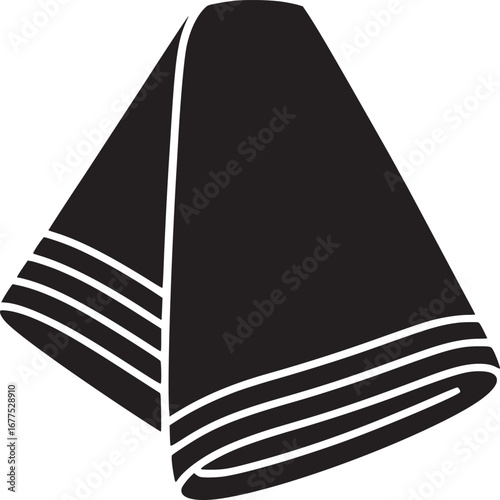 A black and white graphic illustration of a folded towel with white stripes on a white background
