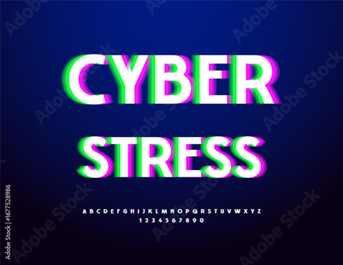 Vector Bright concept Cyber Stress. Glitched style Font. Glowing Techno Alphabet Letters and Numbers set