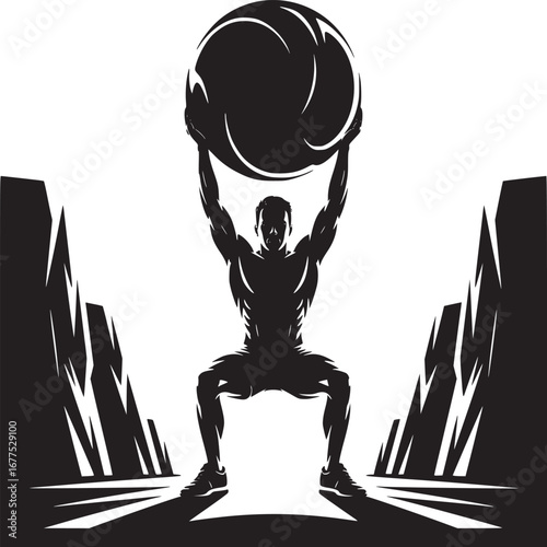 Silhouette of a muscular man lifting a heavy ball overhead in a black and white illustration style