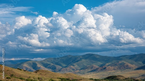 Wallpaper Mural Dramatic Sky Over Mountain Landscape: A sweeping landscape showcases majestic mountains under a sky filled with dramatic, billowy clouds, creating a breathtaking panorama of natural beauty.  Torontodigital.ca