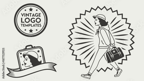 Vintage Logo Vector Set with Retro Suitcase, Fashion Woman Silhouette, Starburst Frame and Ribbon Banner Elements