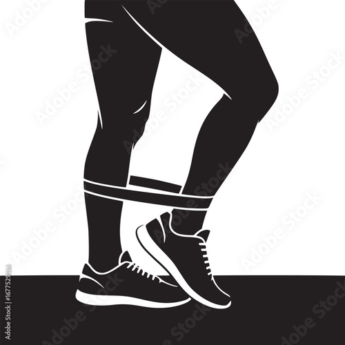 A black and white graphic of legs with a resistance band and sneakers on a contrasting background