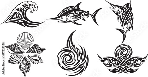 A curated set of oceanic tribal tattoo designs, featuring stylized waves, powerful marlin, and intricate natural patterns