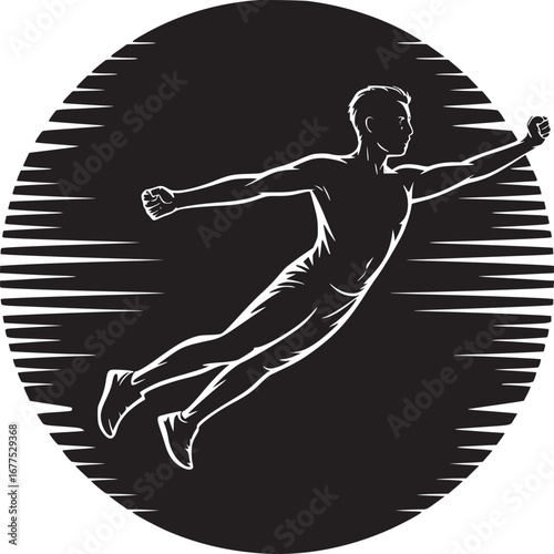 A stylized figure of a man flying in a black circle with horizontal white lines emanating from it