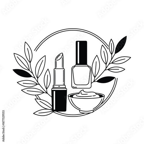 Black and white line art illustration of beauty products including lipstick, nail polish, and cream, framed by leaves.