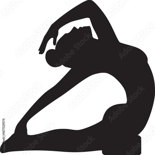 Silhouette of a woman in a yoga pose with one leg extended and arms reaching overhead and to the side