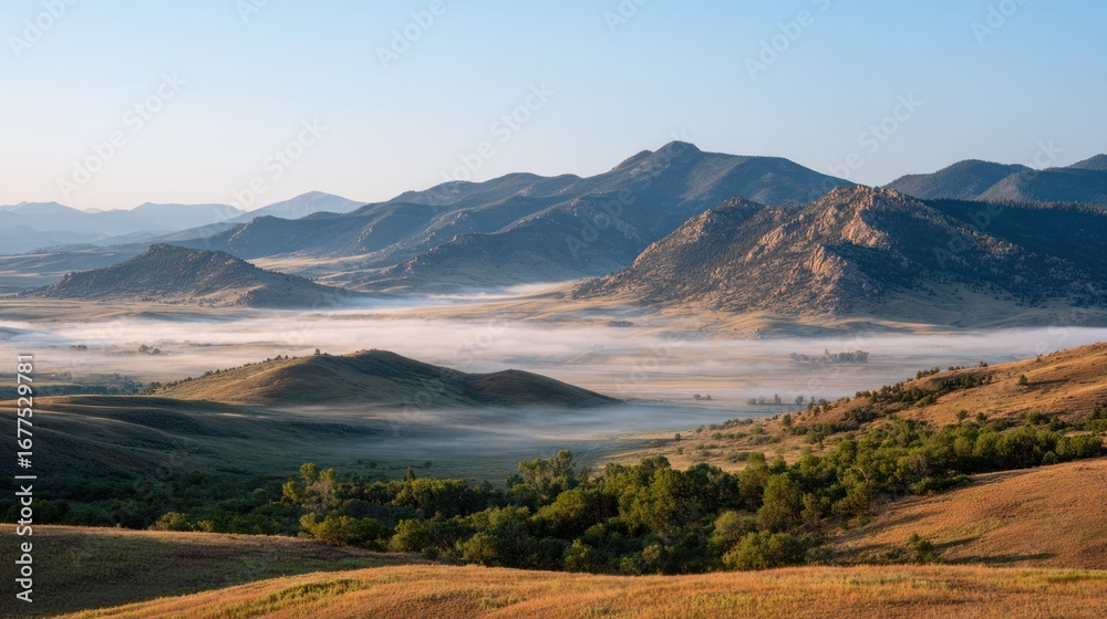 Naklejka premium Mountain Serenity: Capture the serene majesty of rolling mountain landscape, with a low-lying mist blanketing the valley, creating a picturesque morning scene of untouched nature.