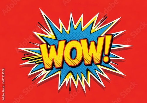 Retro Comic Explosion with WOW Text on Red, Halftone Dotted Fill, Colorful Spiked Edges