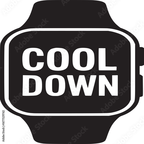 A black and white image of a smartwatch displaying the words cool down on its screen clearly visible