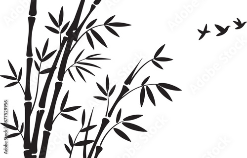 Black Silhouette of Bamboo Stalks with Leaves and Flying Birds on White Background plant stem