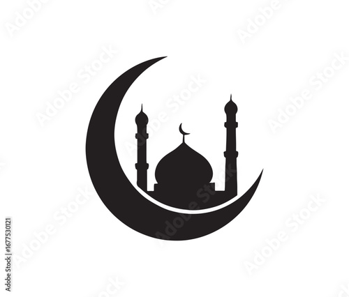 Iconic islamic mosque silhouette within a crescent moon symbolizing faith and culture