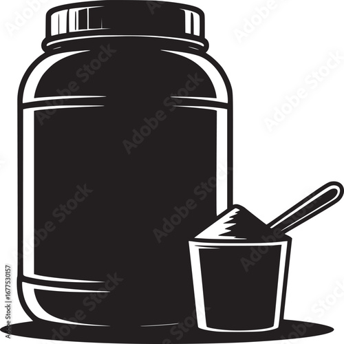 Black and white illustration of a protein powder container with a scoop filled with powder next to it