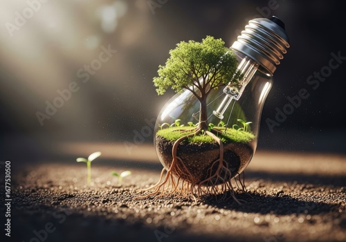 Tree Inside Bulb With Exposed Roots, Soil, Grass and Sprout On Ground Background