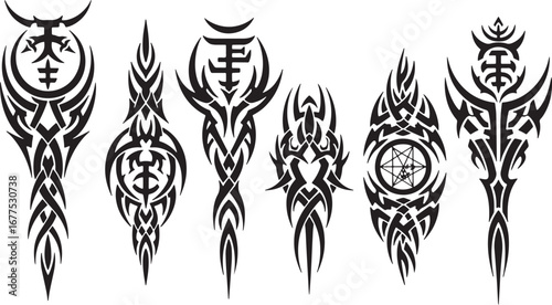 Creative collection of six vertical tribal tattoo designs featuring intricate spiky patterns and abstract symbols