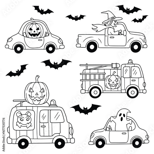 Black and white Halloween themed vehicles with bats and pumpkins, perfect for coloring.