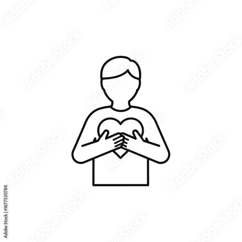 Person holding heart shape to chest, line drawing.