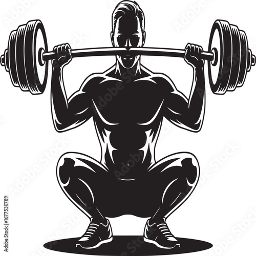 Man in silhouette doing a squat with a barbell across his shoulders in a black and white vector image