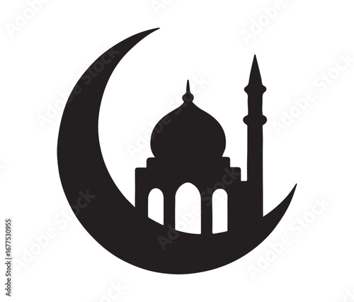 Islamic crescent moon with mosque silhouette a symbol of faith and ramadan celebrations