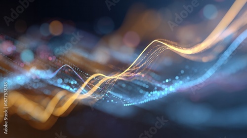 Dynamic Wave Visualization: A visually stunning abstract representation of a fluctuating wave, where flowing lines and particles converge in a dynamic dance of light and energy.