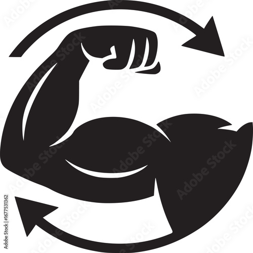 Black and white graphic of a flexing arm with arrows indicating rotation or strength cycle concept