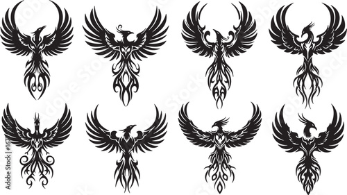 A powerful collection of eight stylized phoenix illustrations in a bold tribal tattoo art style, perfect for emblems and creative design