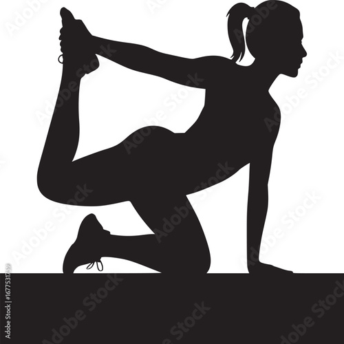 Silhouette of a woman in yoga pose stretching her leg and arm on a white background surface