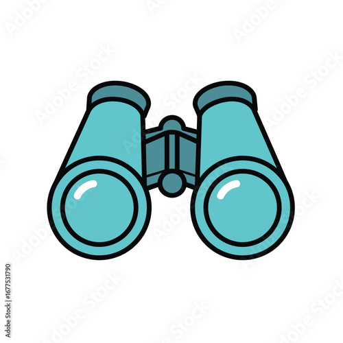 Teal cartoon binoculars with bold black outlines and shiny lens glare front view.
