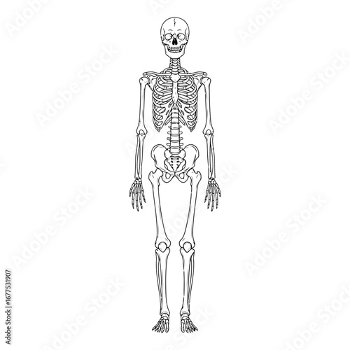 Full human skeleton standing, front view, black and white drawing.