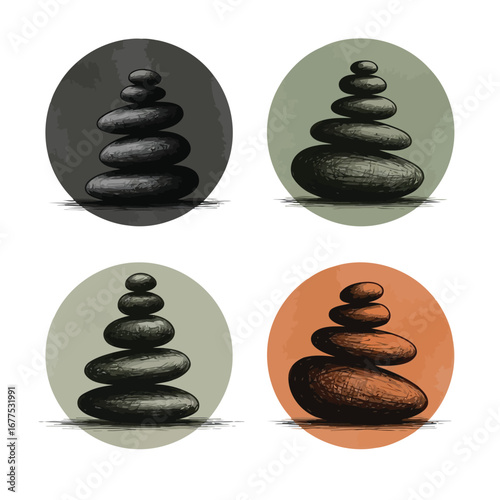 Four illustrations of zen stones stacked in a pyramid shape, set against circular backgrounds with muted colors.
