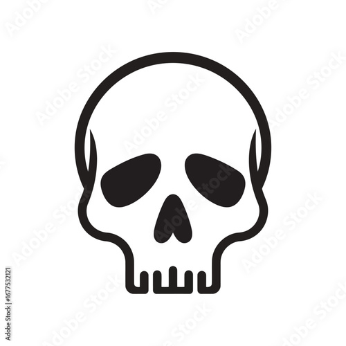 A simple black and white line art icon of a stylized human skull with large, sad eye sockets on a plain background.