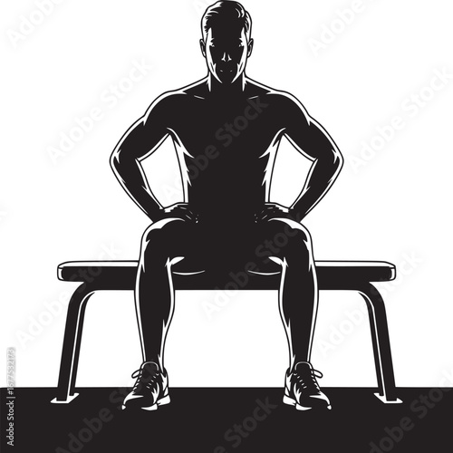A silhouette of a muscular man sitting on a weight bench with his hands on his hips in black and white