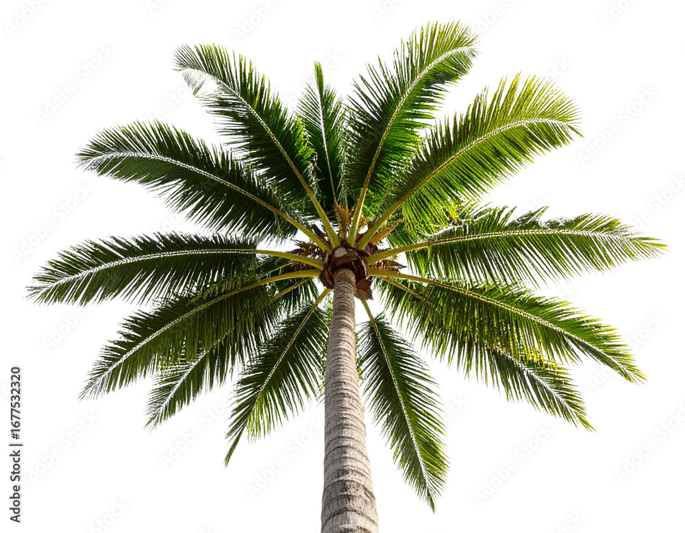 Fototapeta premium Perspective View of Coconut Palm Tree Reaching Skyward, Isolated on Transparent Background